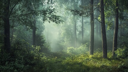 Obraz premium A serene forest with a gentle mist hovering over the ground. The fog creates a dreamy,