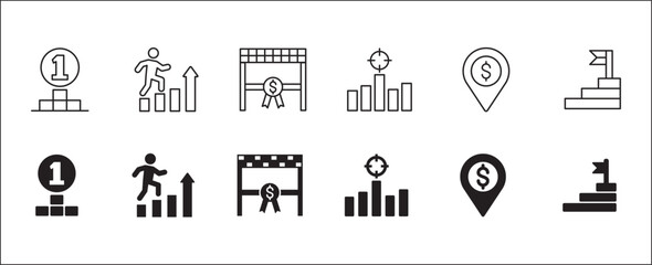 Business goals icon set. Goals and achievement icons set. Business and management icon collection. Vector stock illustration thin line style. Contains symbols of businessman, podium, trophy and reward