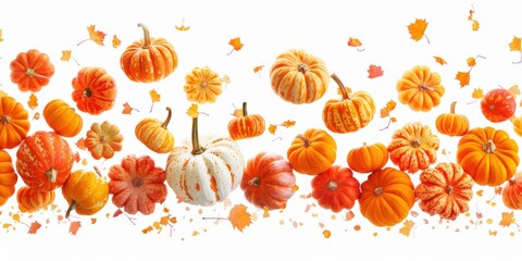 Assorted Autumn Pumpkins and Leaves on a White Background. Autumn Background.