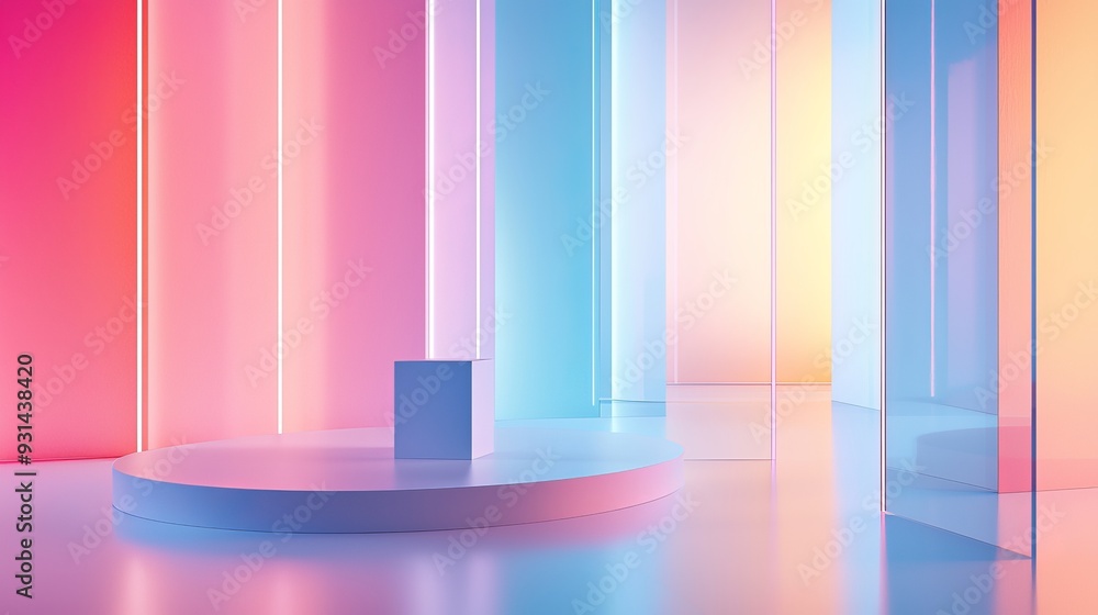 Leinwandbilder this is an abstract 3d render of a modern interior with blue and pink gradient lighting and reflecti