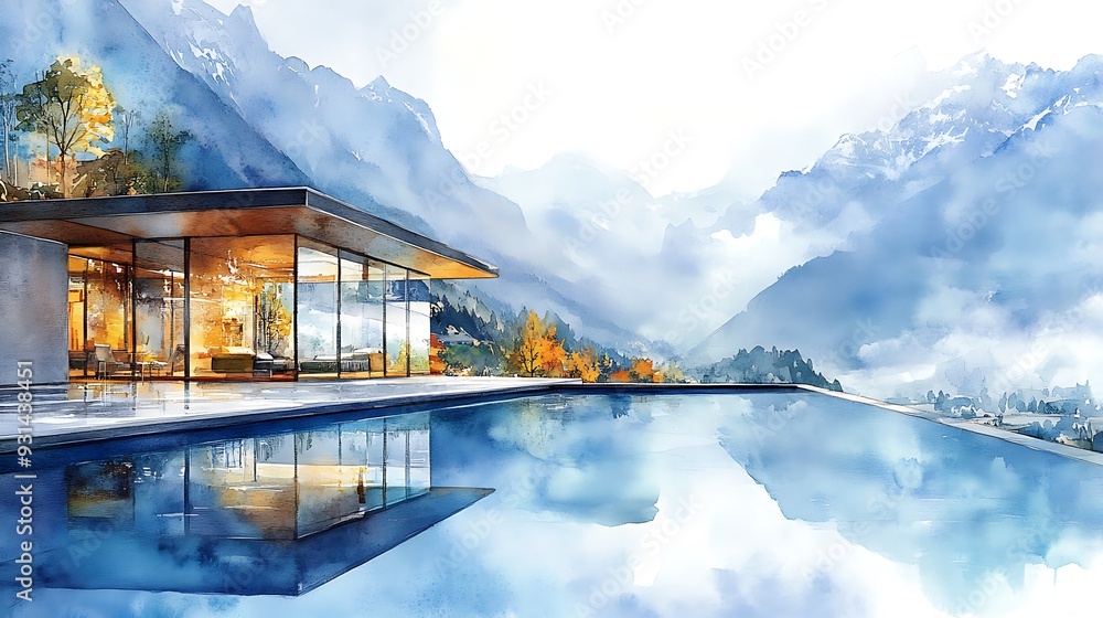 Canvas Prints Modern Architecture with Mountain Views and Infinity Pool.