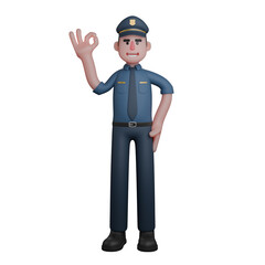 Male Police Cartoon Character. A police officer stands with one hand on his waist and the other hand making an 