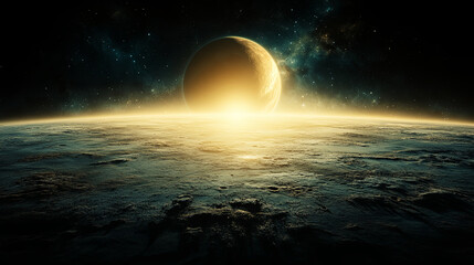 Golden sunrise over an alien landscape with distant planet