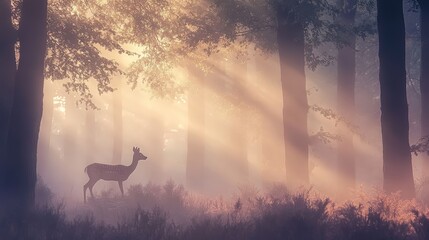 A serene image of a lone deer standing in a misty forest at dawn. The soft morning light filters through