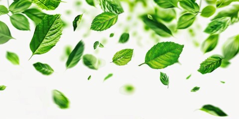 Floating Green Leaves with White Background. Flying green leaves. Set of waves formed by green leaves.