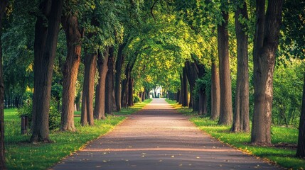 A serene image of a tree-lined path through a park. The tall trees create a natural tunnel of green foliage, providing shade and a peaceful atmosphere for a leisurely walk or bike ride