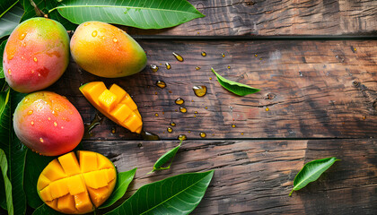 Fresh sliced, cut, diced ripe mango on gray table background with leaf for eating