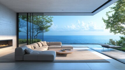 Naklejka premium Modern living room interior with a panoramic window and sea view