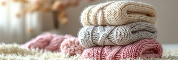 Folded knitted things in soft pastel colors. Autumn or winter background. Clothing made from natural materials.