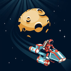 Astronaut in spacesuit pilots a sleek spacecraft, soaring through the dark expanse of space, with a detailed moon nearby and stars twinkling in the background. Vector image