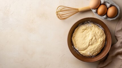 Fototapeta premium a bowl with dough, eggs, and a whisk on a beige background