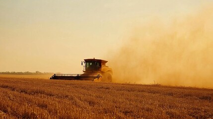 Dust rising from combine during crop harvesting, no-till technology professional occupation
