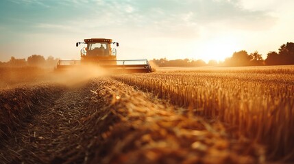 Fototapeta premium Dust rising from combine during crop harvesting, no-till technology professional occupation