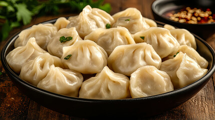 Steaming plate of dumplings with herbs on a rustic wooden table