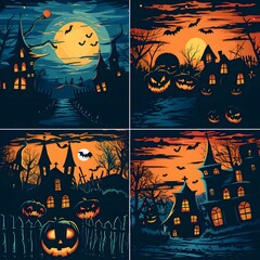 Spooky Halloween Landscape with Haunted Houses  Glowing Pumpkins  and Bats in the Moonlit Sky