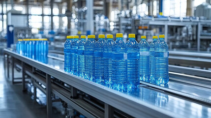 Fototapeta premium Bottled water production on a conveyor belt in a factory during daytime