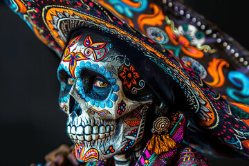 Naklejka premium Beautiful greeting card with bright holiday composition for happy to joy celebrate dia de muertos