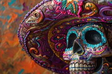 Naklejka premium Beautiful greeting card with bright holiday composition for happy to joy celebrate dia de muertos