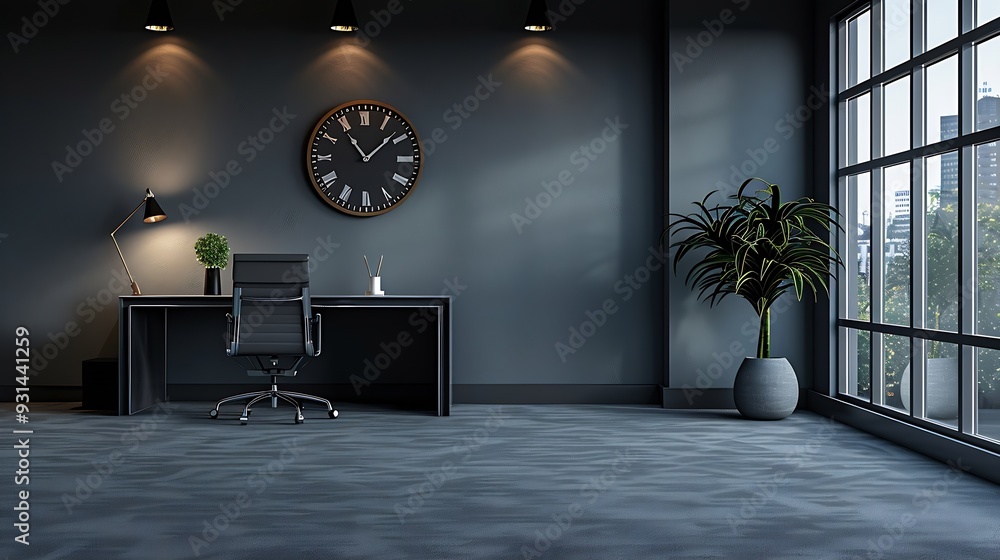 Aufkleber Grey empty room with black clock lamp and niche carpet style office style : Generative AI