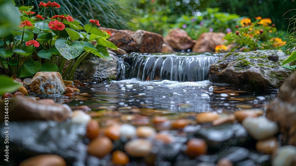 Poster green cozy garden with a small waterfall and rocks and structures in the pond : generative ai