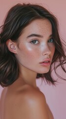 Fototapeta premium Captivating and Radiant Portrait of a Beautiful Young Woman with Alluring Makeup and Soft Lighting