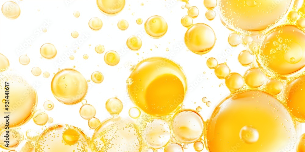 Poster a close up of many small yellow bubbles. the bubbles are all different sizes and are scattered throu