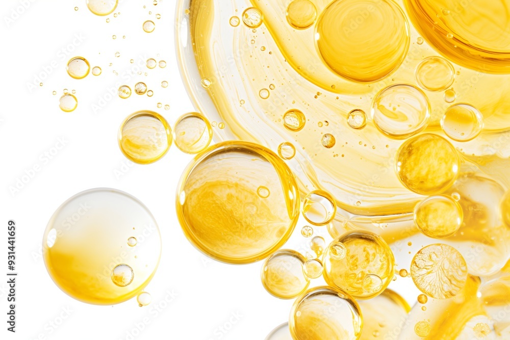 Poster a close up of many small yellow bubbles in a liquid. the bubbles are all different sizes and are sca
