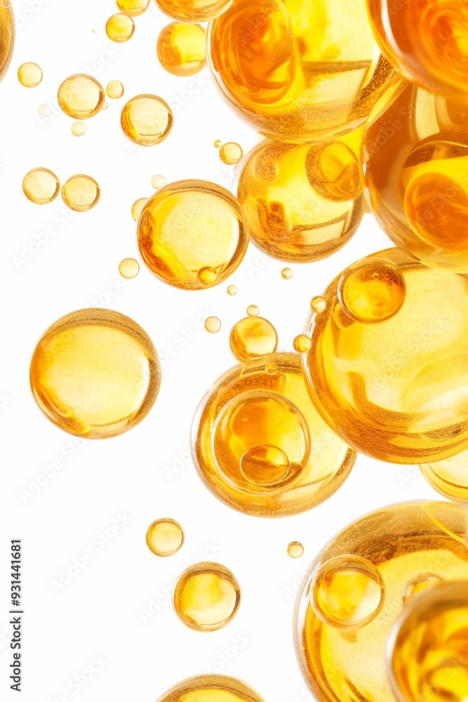 Poster a bunch of yellow bubbles floating in the air. the bubbles are all different sizes and are scattered