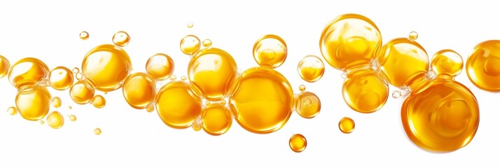 A series of yellow bubbles are floating in the air. The bubbles are of various sizes and are scattered throughout the image. Scene is playful and whimsical, as the bubbles seem to be dancing