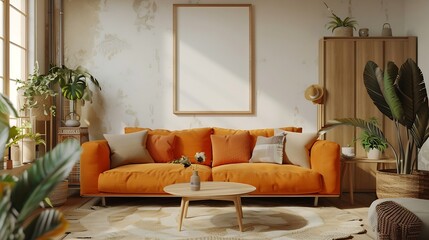 Warm and cozy composition of living room interior with mock up poster frame brown sofa beige rug orange coffee table wooden partition wall and personal accessories Home decor Template : Generative AI