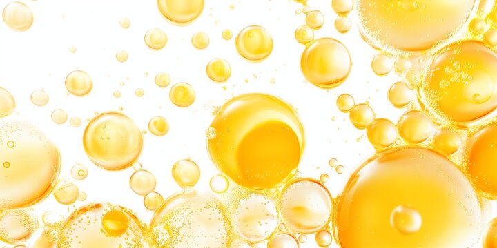 A close up of many small yellow bubbles. The bubbles are all different sizes and are scattered throughout the image. Scene is playful and whimsical, as the bubbles seem to be floating around