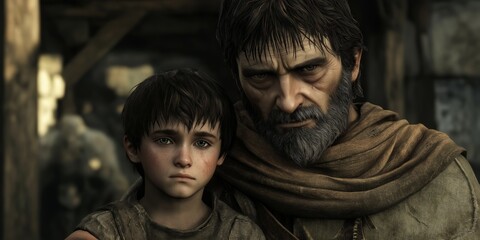 Obraz premium A man and a boy are standing together in a dark room. The boy is wearing a brown shirt and the man is wearing a brown robe. Scene is serious and somber