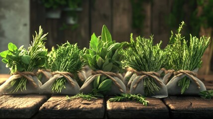 A vibrant display of fresh herbs in sacks, perfect for culinary inspiration and natural decor in rustic kitchen settings.