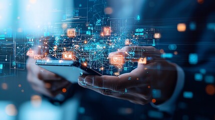 Obraz premium Person using a digital wallet in a smart city environment, depicting the future of urban finance, Wallet smart city, Urban digital finance