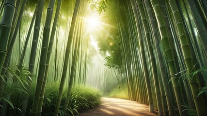 A tranquil bamboo grove with soft sunlight filtering through the leaves, casting gentle shadows on the ground for stress relief or herbal wellness products. Made with generative AI technology