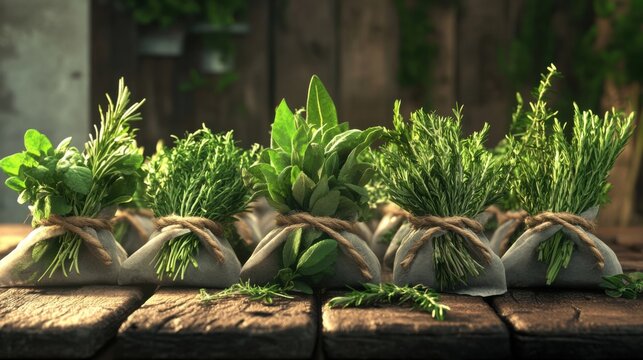 A vibrant display of fresh herbs in sacks, perfect for culinary inspiration and natural decor in rustic kitchen settings.