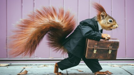 Funny Squirrel Dressed in Business Suit Holding a Briefcase and Walking, Isolated on White