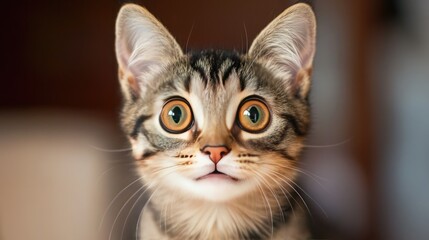 Close up of a tabby cat with wide eyes looking at the camera.