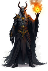 Fototapeta premium Mythical Half-Demon Sorcerer , dark fantasy aesthetic, high-detail illustration, epic fantasy artwork, character concept art, rich color palette, dark and gritty style.