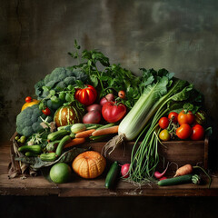 Fresh and organic vegetables in a wooden table with natural light 