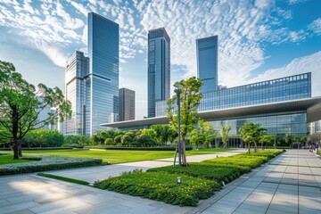 Commercial Landscape. Modern Building and Beautiful Park in Urban Asia