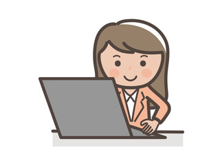 パソコン作業を頑張る女性ビジネスマンのイラスト