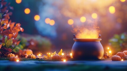 Witch's cauldron set in a spooky garden, A bubbling cauldron surrounded by pumpkins and twinkling lights on an autumn evening.