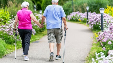 Active senior couple menikmating a walk together in the park. Healthy lifestyle retirement concept.