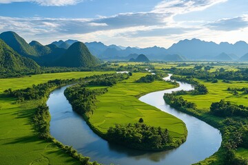 Aerial view of the majestic River winding through lush green rice fields and tropical forests, with mountains in the background.