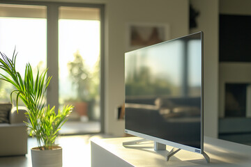 A modern, sleek television screen in a well-lit living room with natural light pouring in through the windows. The image emphasizes contemporary interior design and technology.