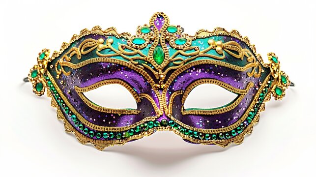 Gold purple and green glittery Mardi gras mask isolated on white background : Generative AI