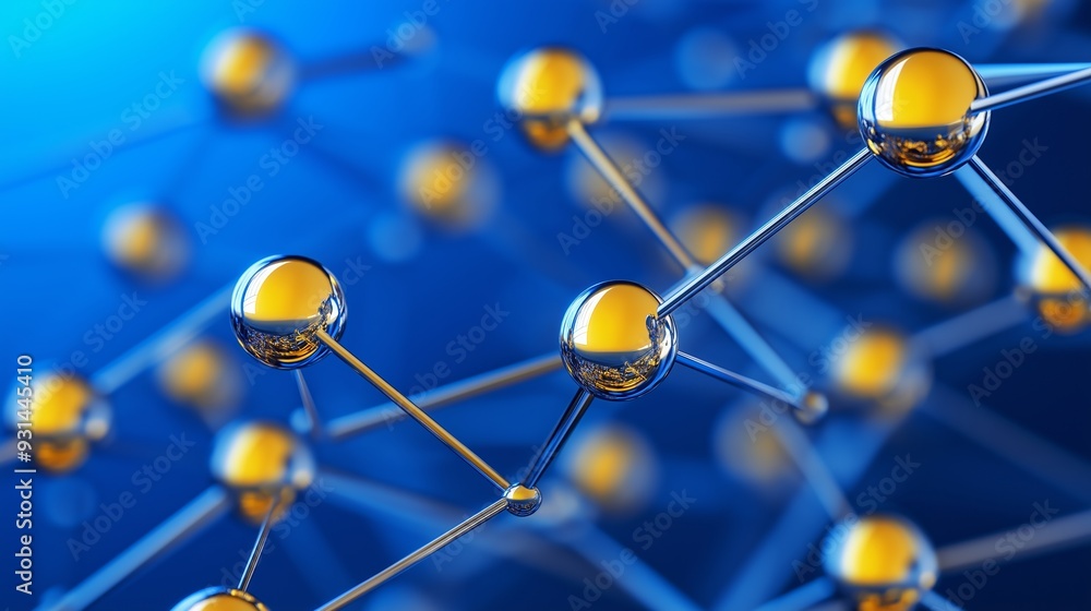 Poster a close up of a bunch of small spheres connected by strings. concept of interconnectedness and compl