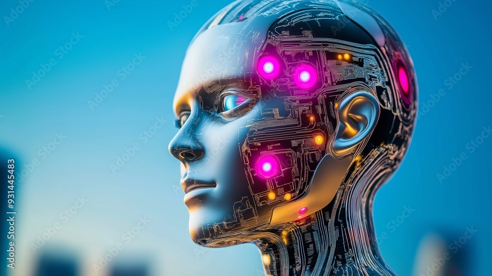 Poster a robot with a face made of computer chips and glowing lights. the robot is looking at the camera