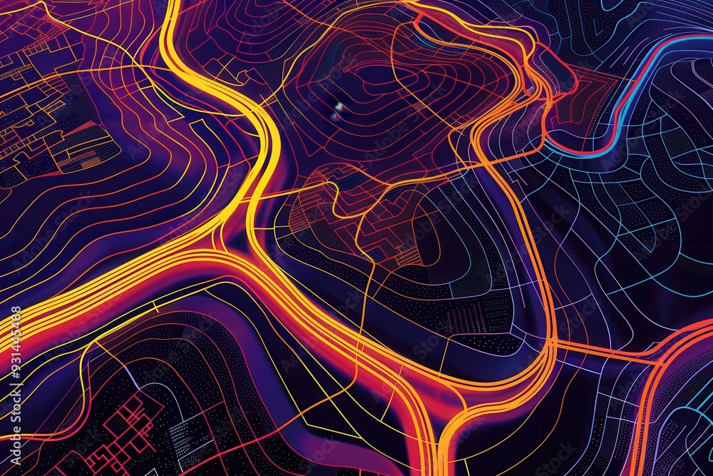 Leinwandbilder Colorful, abstract lines overlay a map, illustrating dynamic routes and connectivity crucial for logistics and navigation services. Generative AI